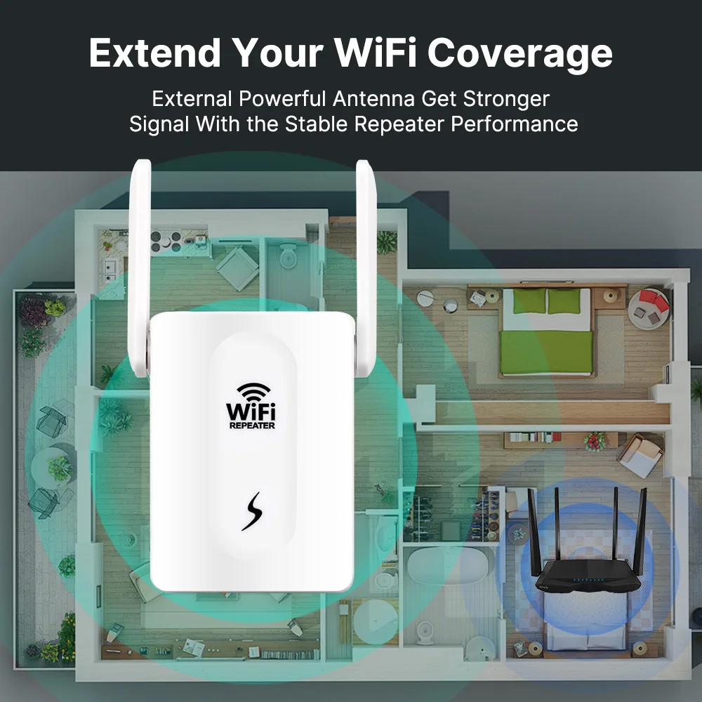 High-Speed WiFi Repeater and Wireless Network Extender - Enhanced Coverage with Easy Setup (EU/US Plug)