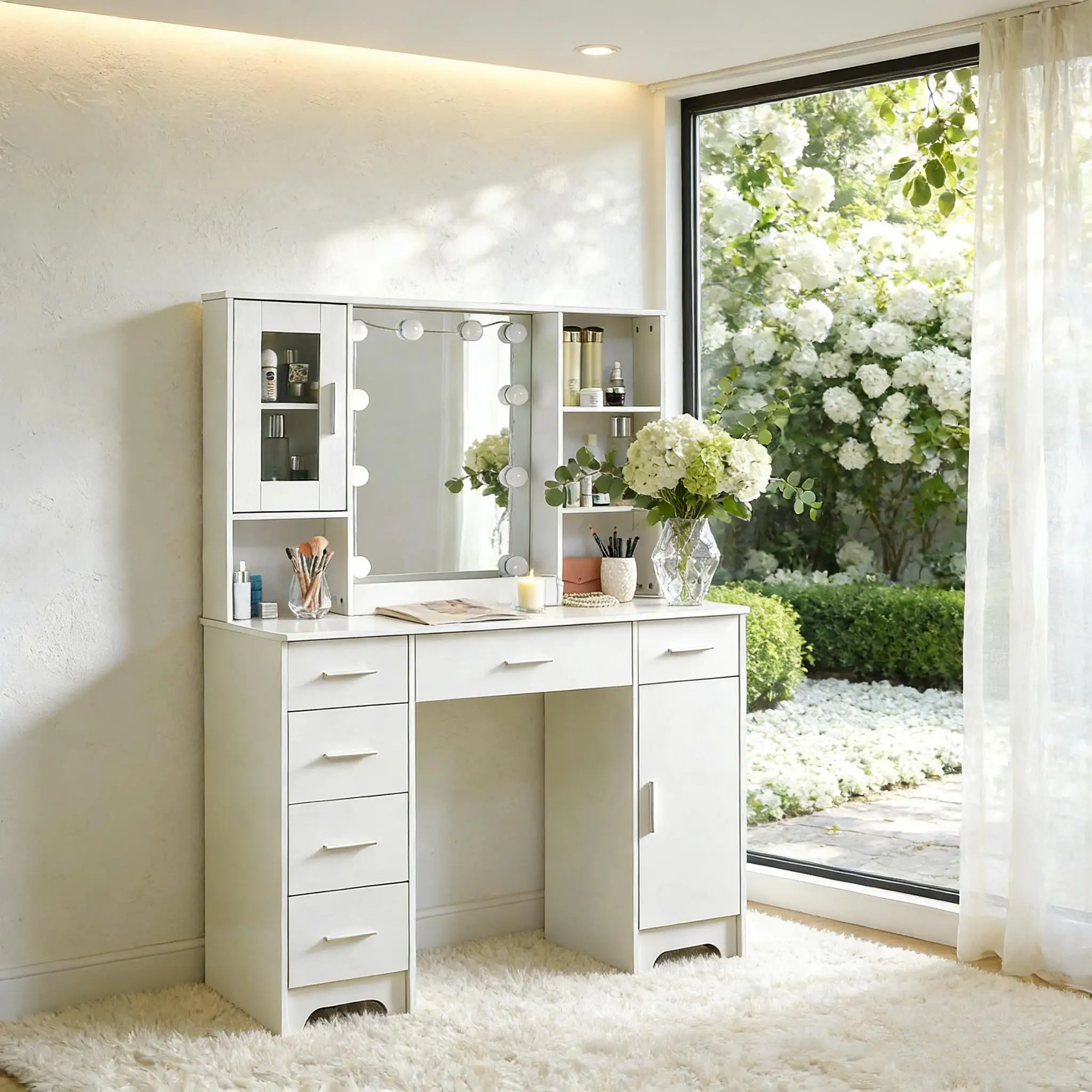 White Modern Vanity Set with Openable 3-Color Lighting Mirror, 5 Drawers & Glass Cabinet, Easy Assembly Bedroom Makeup Desk