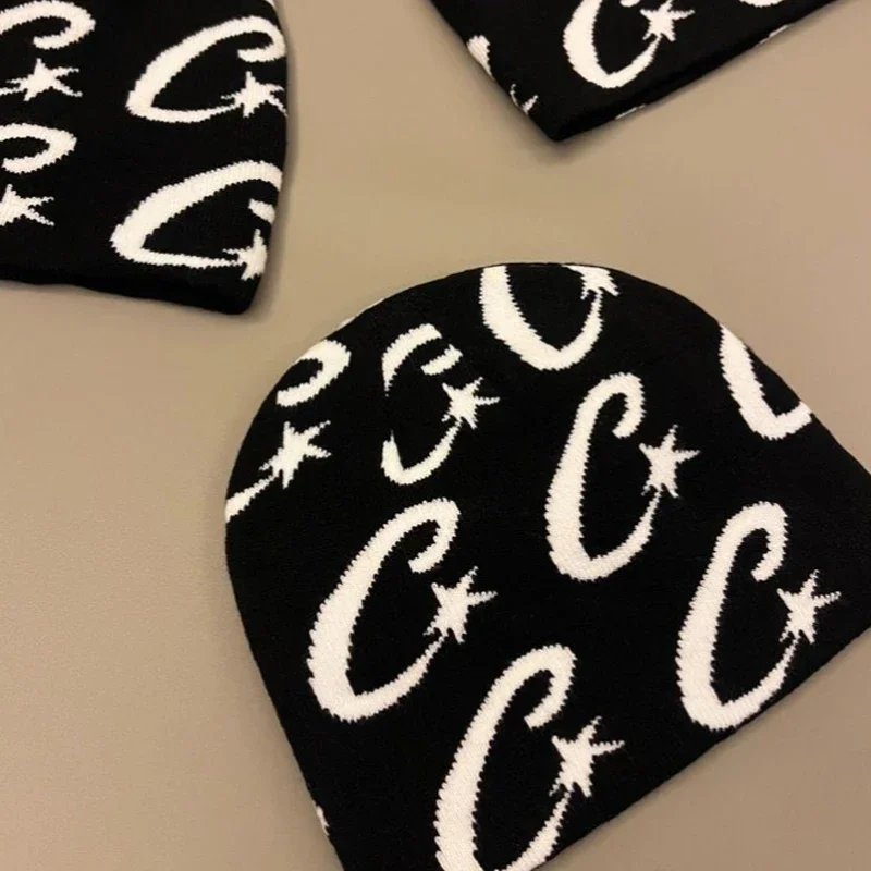 Knitted Hat Couple Hip-hop Trendy Beanie Letter Jacquard Women Male Winter Warm Wool Balaclava