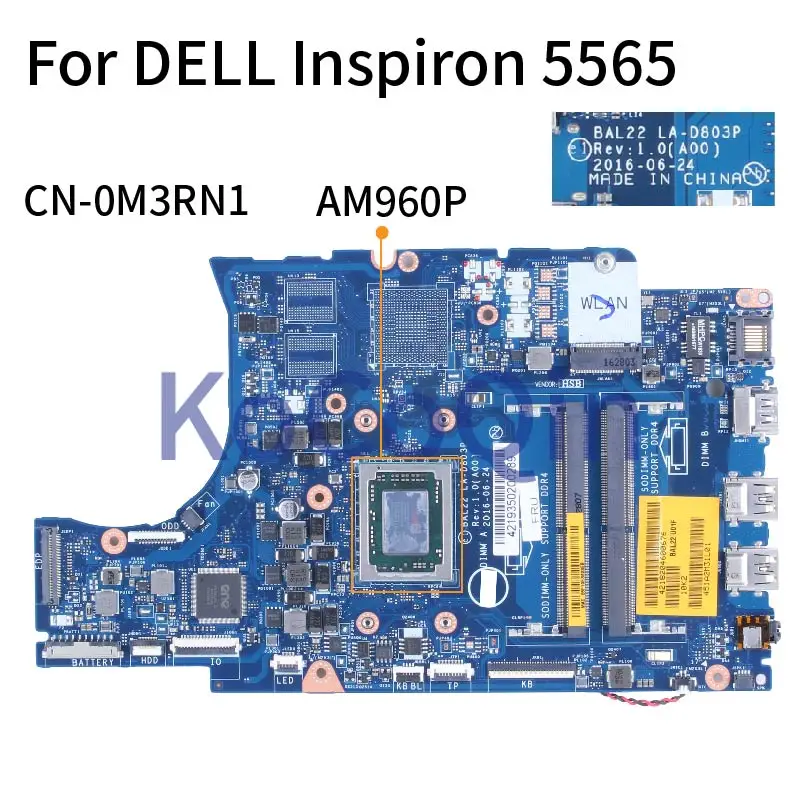 

For DELL Inspiron 5565 AM960P Notebook Mainboard 0M3RN1 LA-D803P DDR4 Laptop Motherboard