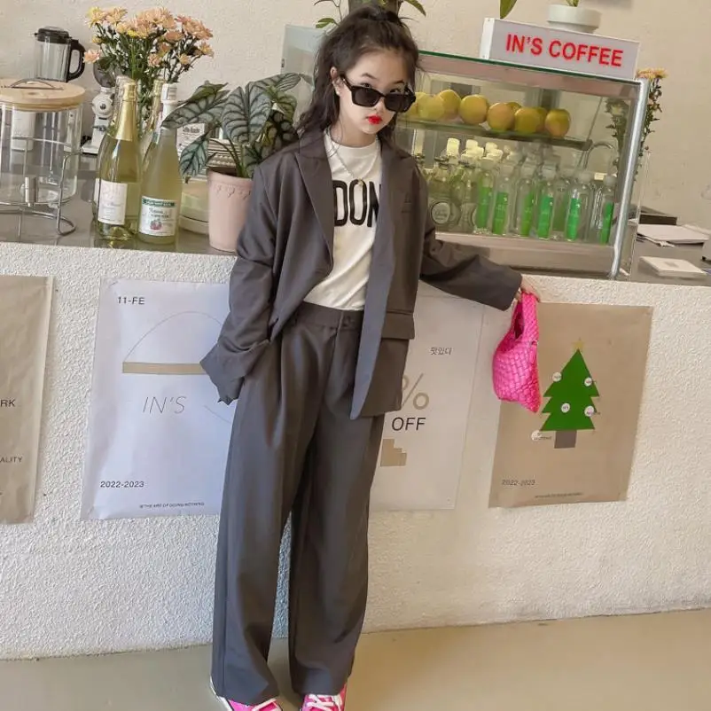 한국 스타일 블레이저 + 바지 2cps 세트 그레이 오버 사이즈 코트 바지 정장 십대 의류 어린이 봄 가을 새로운 세트