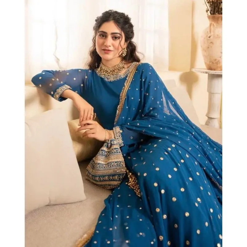 

Blue Reaymade Designer Gown Georgette Anarkali Kurta Pants Embroidery Collection