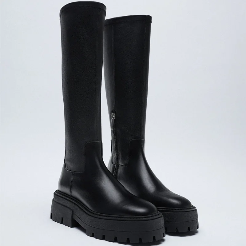 TSTCTB New Women Knee High Boots Real Leather Thick Bottom Women'S Winter Shoes Fashion Cool Long Boots Women Footwear 35-40