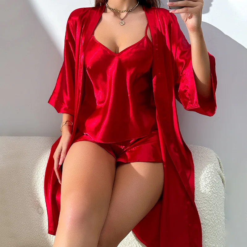 3PCS Women Pajamas Sexy Sling Shorts with Women Robe Satin Ice Silk Pure Color Sleepwear Bathrobe Bridesmaid Dressing Gown