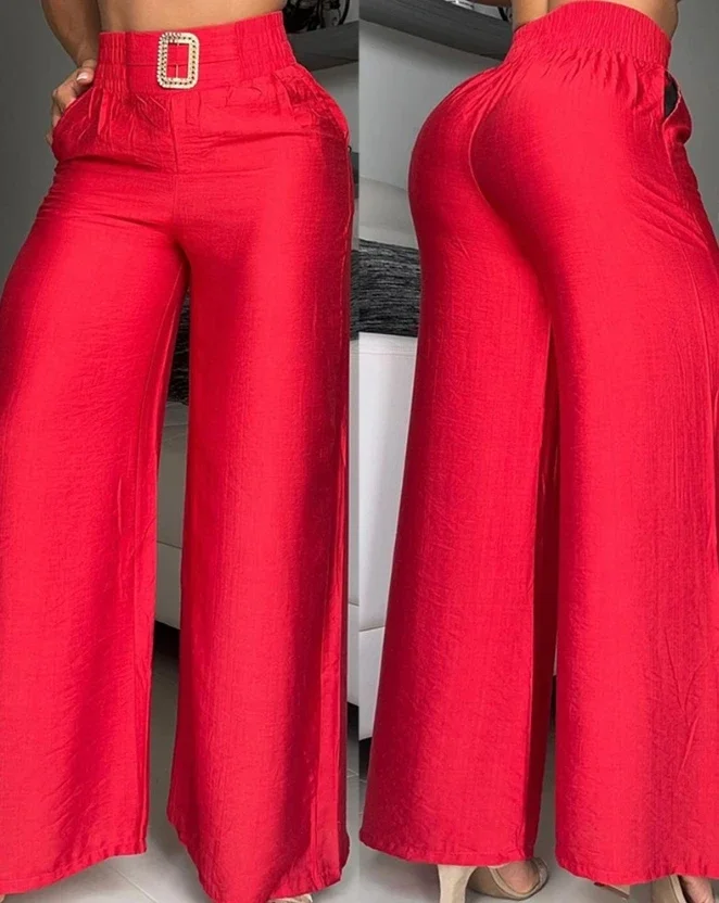 

Women's High Waist Buckled Wide Leg Pants Summer Fashion Pocket Design Elastic Waist Casual Plain Daily Long Pants Streetwear