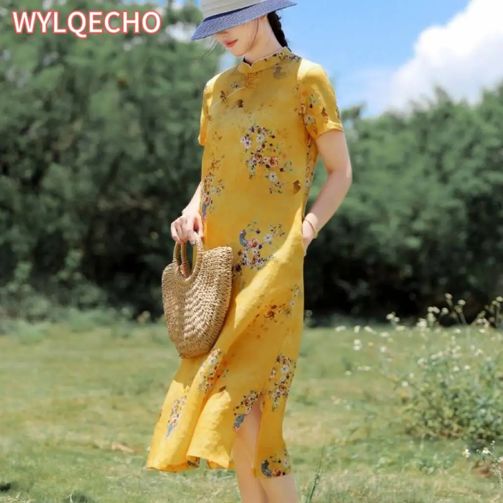 

2024 chinese vintage dress qipao women national flower print dress cotton linen qipao traditional improved cheongsam dress