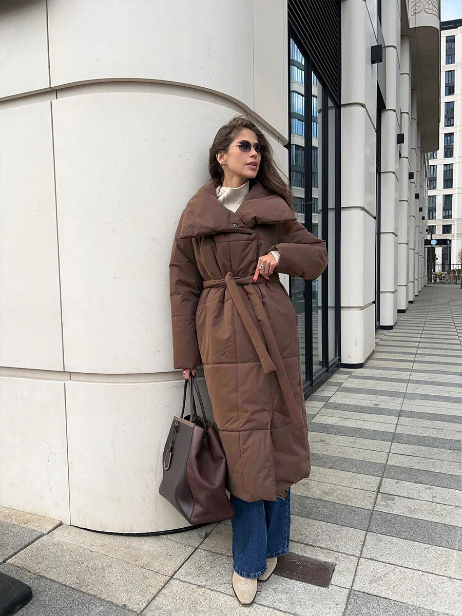 Winter Female Parkas Outwear Loose Lace-Up High Waist Long Sleeve Pocket Lapel Bandage Coat For Women Solid Parkas