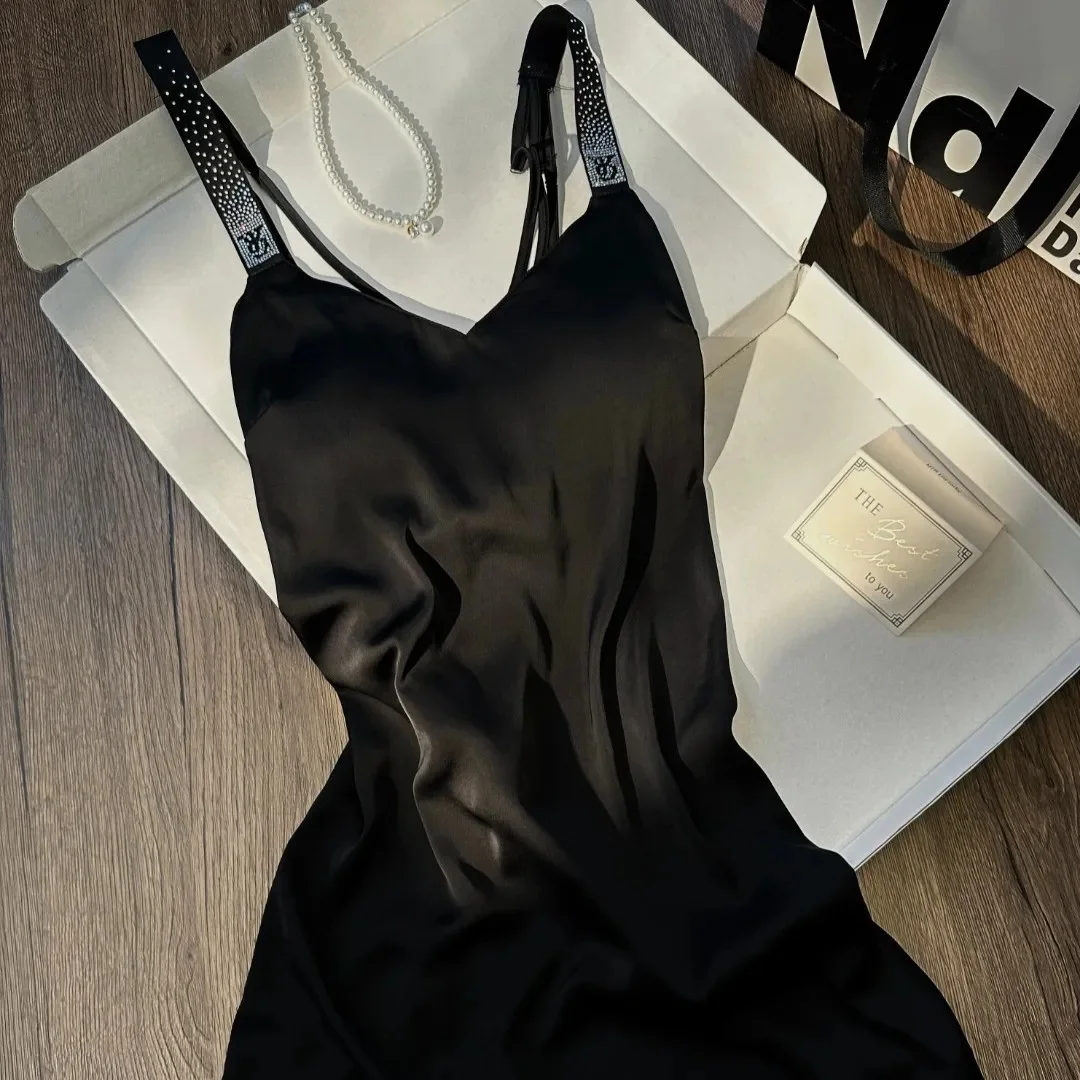 Sexy Summer New Ice Silk V-neck Strap Women's Nightgown Pure Desire Sensual Home Clothes High-grade Sensation Sleep Dress