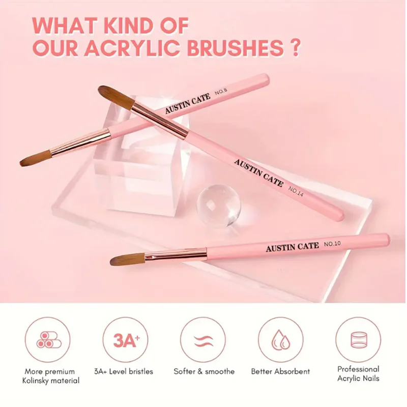 Nail Art Brush 3pcs Acrylic Nail Brush Set Size 8/10/14 Acrylic Powder Application Brushes Nail Art Extension & Carving Salon Tool
