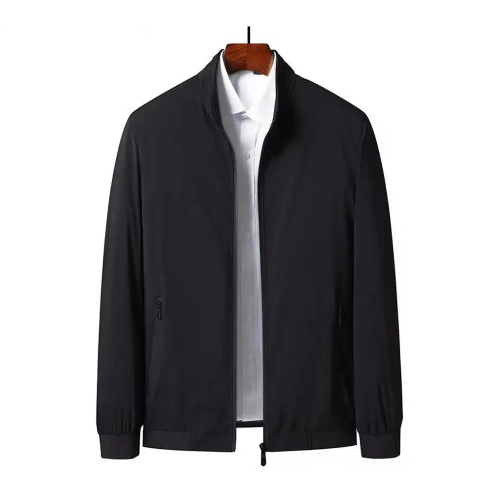 Men Windproof Jacket Men's Stand Collar Jacket Windproof Long Sleeve Outerwear with Zipper Closure Smart Temperament Coat