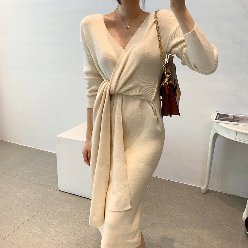 

2022 Sexy One Piece Side Bandage Knitted Dress for Woman European and American Autumn Winter Long Casual Ladies Sweater Dresses