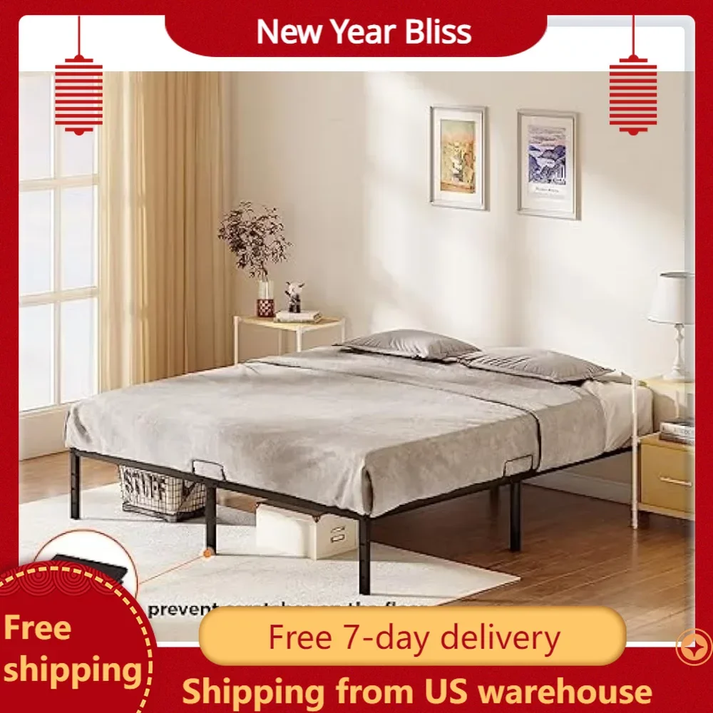 

Heavy-duty steel platform bed frame with mattress retaining rod, 14" storage space under the bed, noise-free