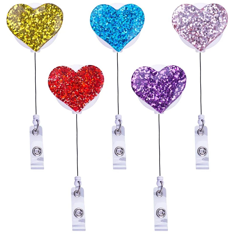 

5 Pack Bling Love Heart-Shaped Retractable Badge Holder, ID Card Badge Reel With 360 Degree Alligator Swivel Badge Clip