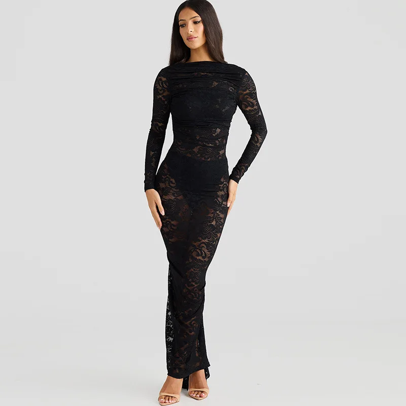 White Lace Backless Long Dress For Women See-Through High Waist Printed Slim Solid Hollow Out Dress Women's Party Dress