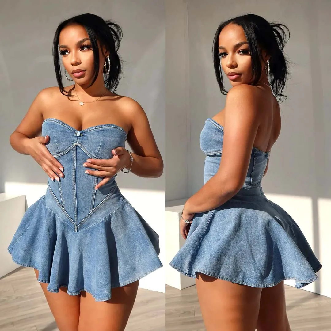 

Sexy Denim Pleated Dress Y2K Streetwear Elegant Luxury Mini Dresses 2024 Women Summer Fashion Clothes Cute Jean Cargo Belt Dress