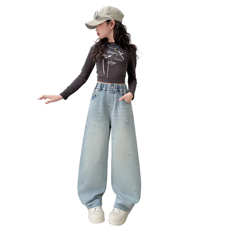 신상품 봄 가을 여아용 별무늬 루즈핏 스트레이트 진 트렌디 데님 팬츠 아동 패션 계절 바지