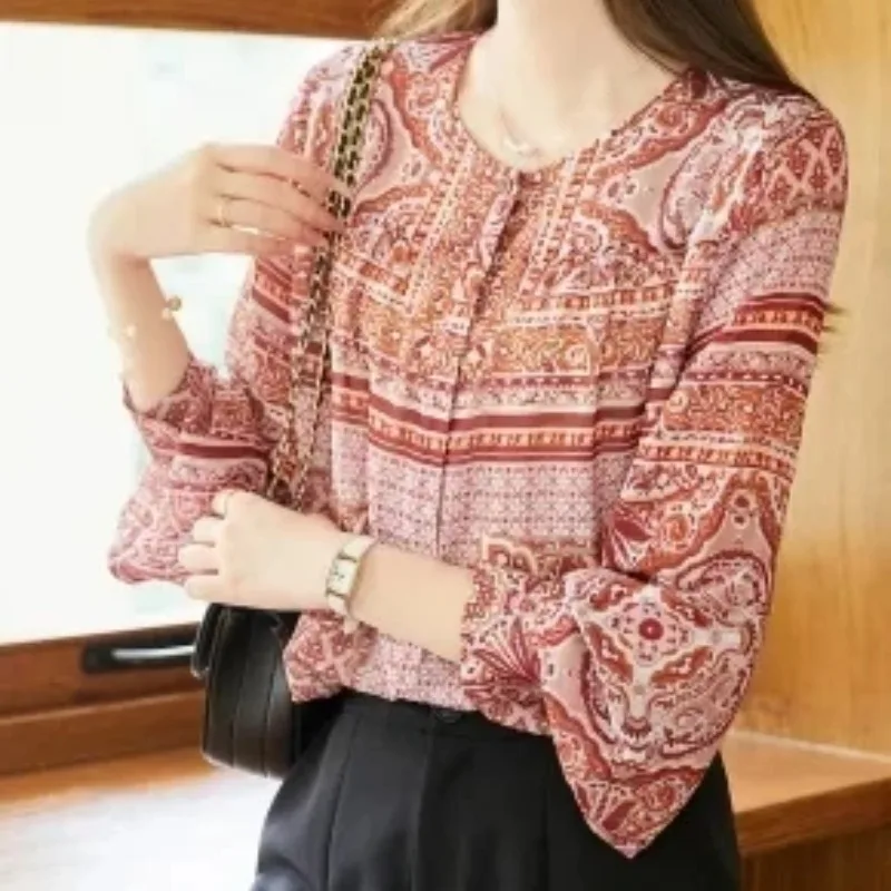 여성 라운드넥 기하학 프린트 루즈한 쉬폰 긴팔 단추, 우아한 가디건 셔츠 상의, 2024 용수철 여름 신상 패션