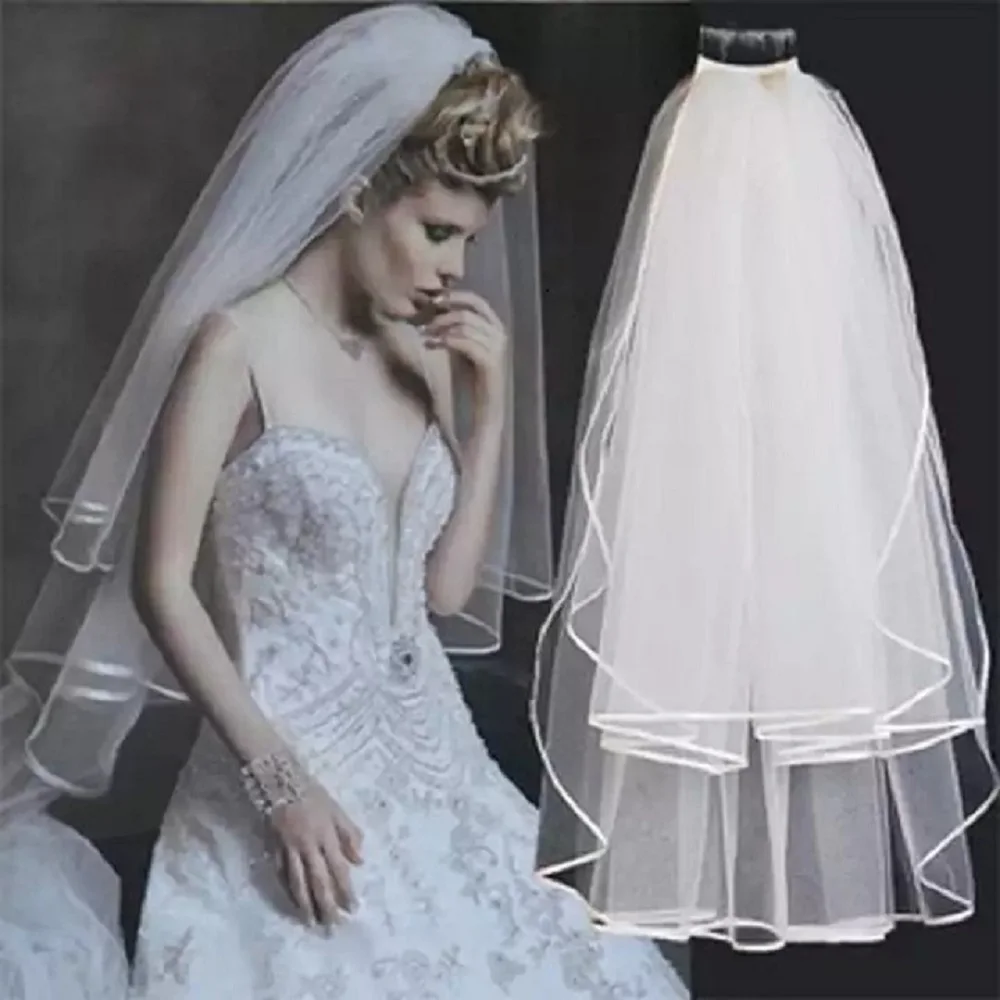 Ramanda 2024 Two-Layer Lace Bridal Veil Tulle Ribbon Edge Shoulder Length Bridal Veils manray free shipping finger length lace appliques vintage one layer simple tulle short bridal veil wedding accessories new hot