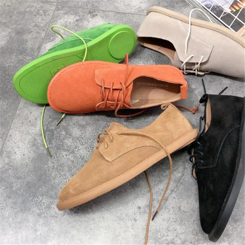Lace-up Women Casual Shoes Round Head Students Sports Shoes Fashion Spring Abrasive Leather Couple Walking Flats Ladies Sneakers