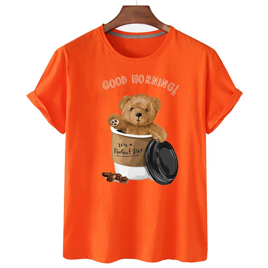 100% Cotton Coffee Bear Print T-shirt Women's Summer Short