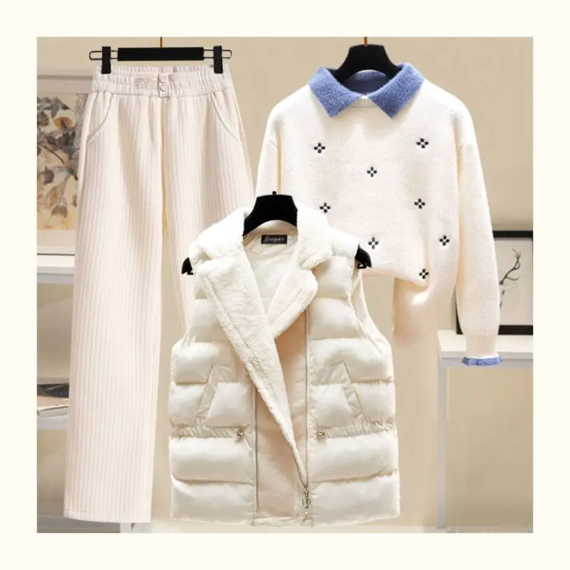 Women's Winter New Warm Lamb Hair Vest Coat+Knit Sweater+Thickened Plush Pants Three Piece Korean Elegant Loose Matching Set double layered lamb fleece blanket dotted baby warm blanket for chill season dropshipping