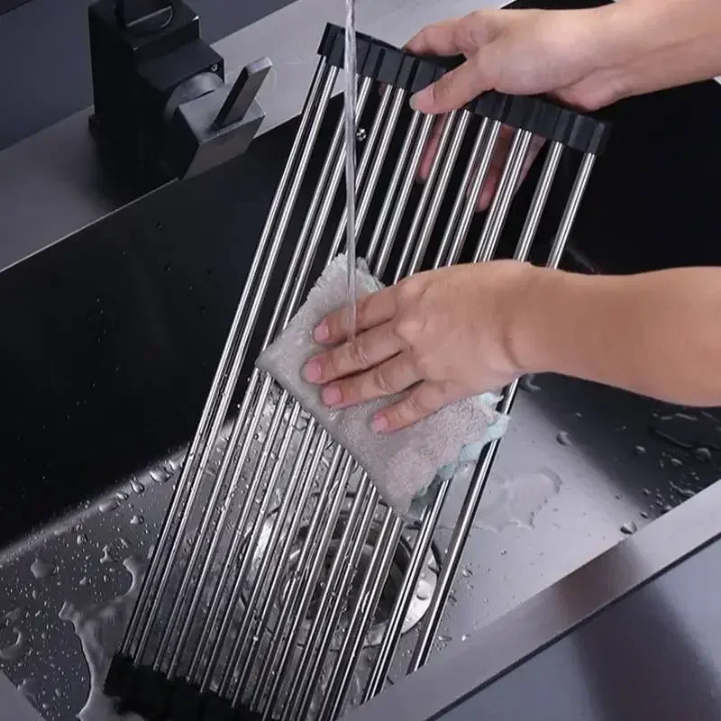 Foldable Kitchen Dish Drying Rack Stainless Steel Bowl Fruit Vegetable Dish Holder Sink Roller Organizer Basket Racks Tool 5