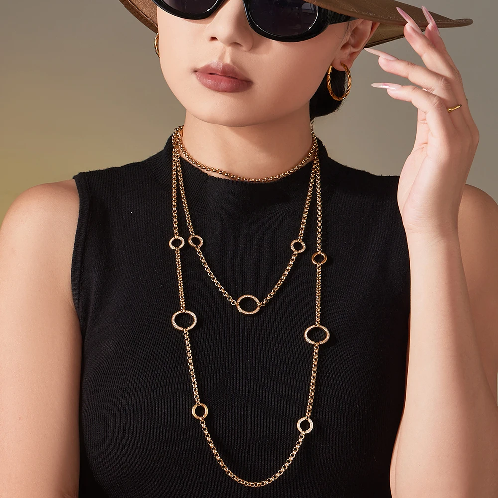 86 cm Lange Halskette Für Frauen Edelstahl Vergoldet Runde Glänzende Zirkon Anhänger Halskette frauen Luxus Schmuck – Detail 9