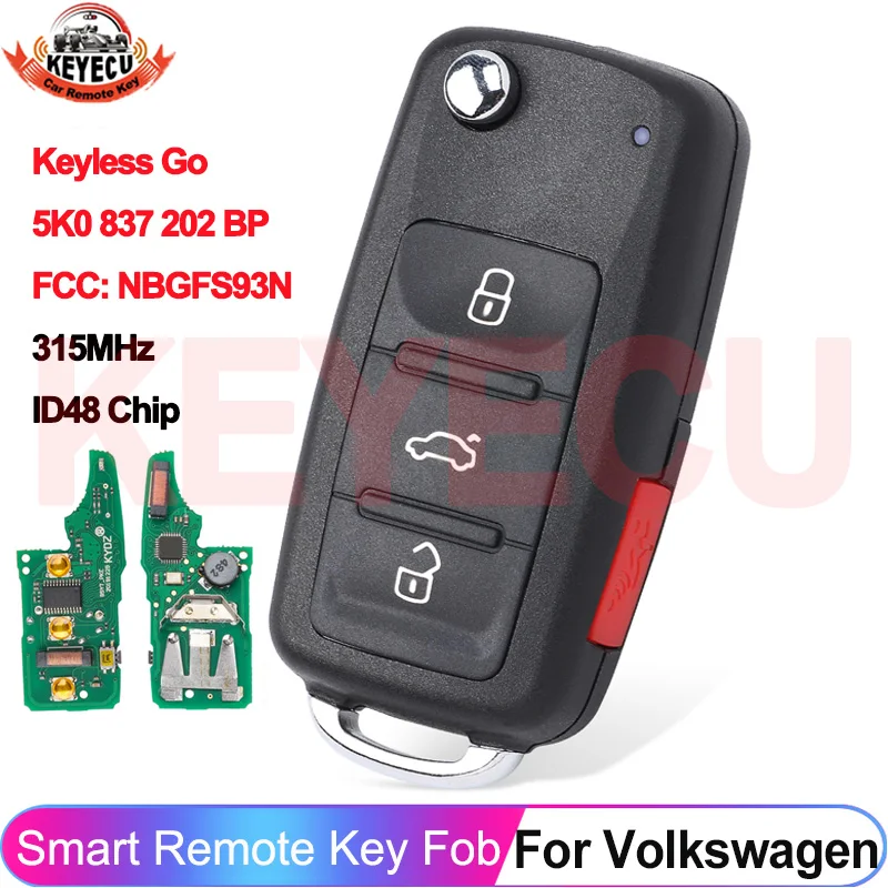 กุญแจรีโมทไร้สาย KEYECU รุ่น Proximity 5K0837202BP สำหรับรถยนต์ Volkswagen VW Jetta Passat ปี 2015 2016 2017 2018 2019 รุ่น NBGFS93N ความถี่ 315MHz MQB48