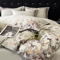 100% Cotton Luxury Butterfly Embroidery Bedding Set Queen King Size Duvet Cover Set Bed Sheet Fitted Sheet Pillowcases 4Pcs 1
