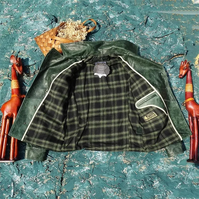 Description Picture 5 of itemshipping.Soft Free natural horsehide cloth.100% real tanned leather jacket.Classic Moto Rider coat.indigo.Plus size.