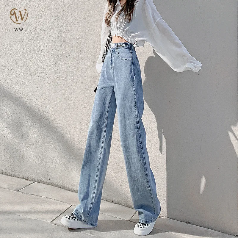 

High-waisted Jeans Women Straight Loose Spring and Autumn Light-coloured Thin Trailing Wide-legged Trousers