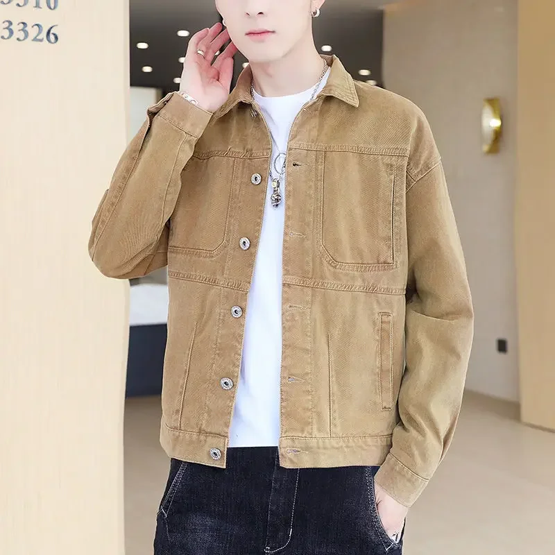 thumbnail image 1 of Chaqueta vaquera amarilla de otoño para hombre, abrigos vaqueros para hombre, botones, moda coreana, ropa popular, talla L, lujo, lavado, entrega rápida, Rock Y2k, 1 of 5