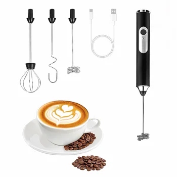 Rechargeable Milk Frother, 3-Speed Electric Handheld Frother with 2 Whisks and Coffee Decoration Tool, Stand-up Design, for Cream, Latte, Cappuccino (Black) 1