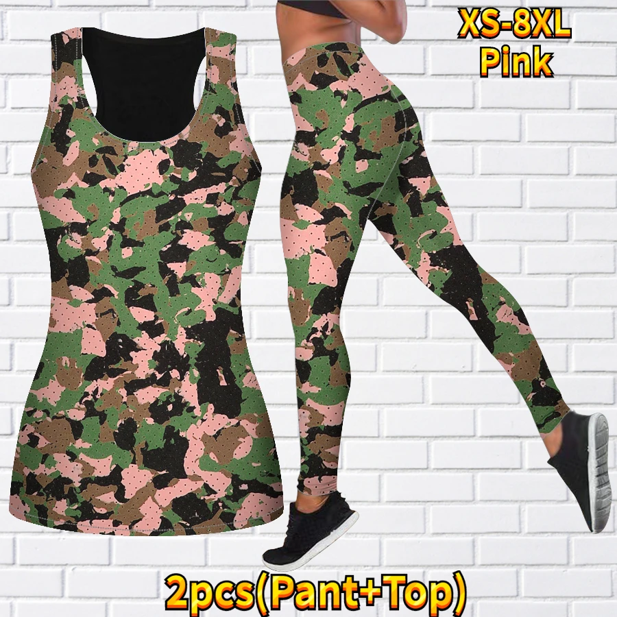 Women\'s Two-piece Yoga Set Sleeveless Casual Sports Vest Yoga Set 3D Camouflage Printed Sportswear Set XS-8XL