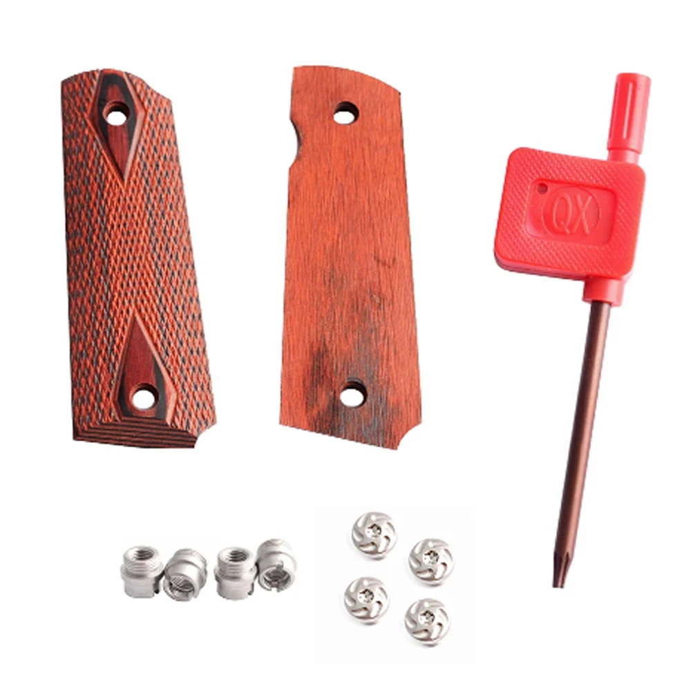 1911 Checkered Wood Grips With Allen Screws & SS Grip Screws Bushings For Tactical hunting