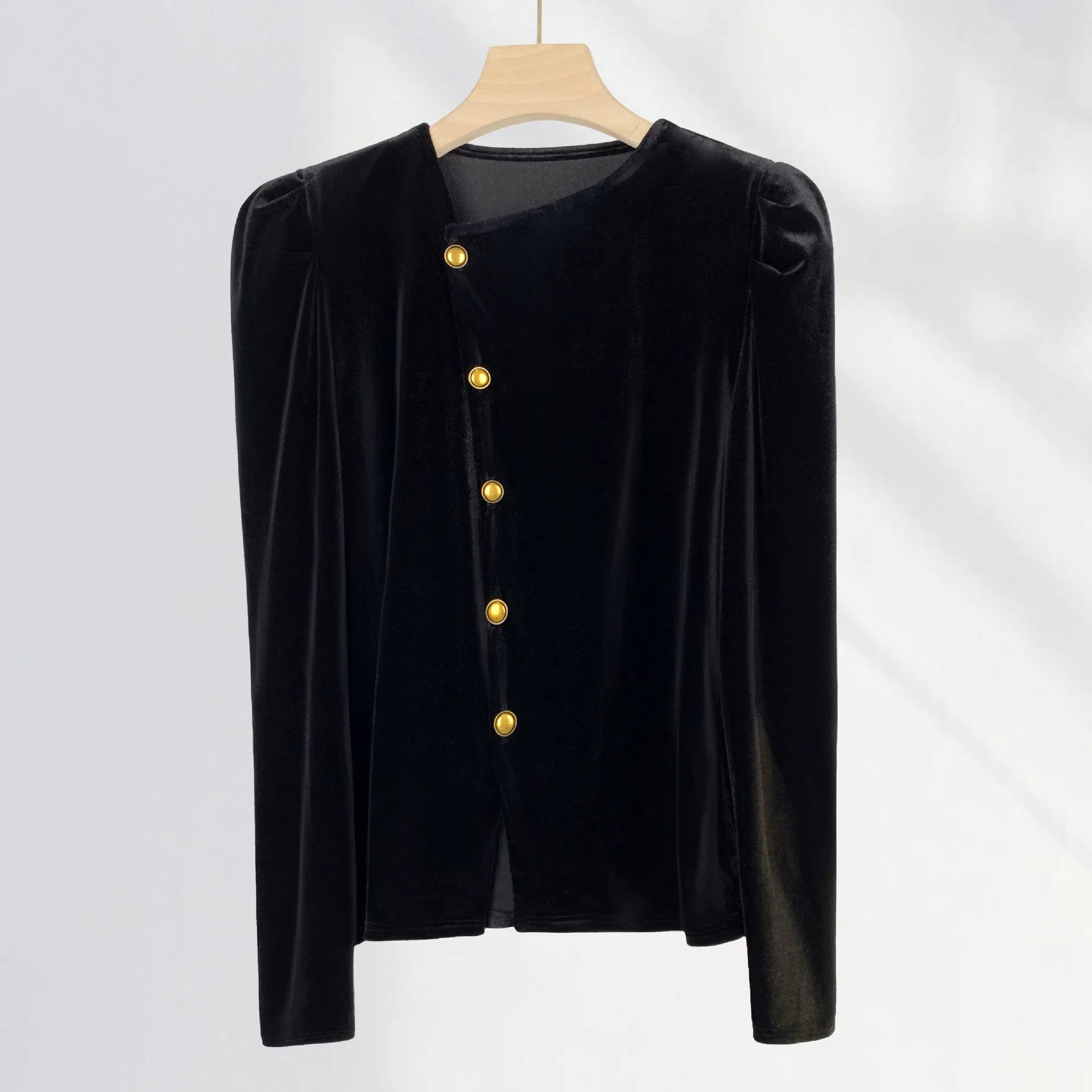Pleuche Top Women's Spring Skew Collar Black Bubble Sleeve Shirt