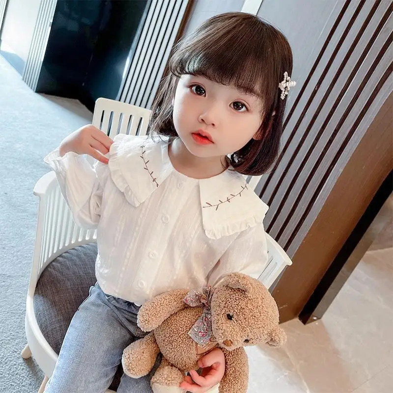 2-12Y Spring Autumn Girl White Cotton Casual Shirt Kids Long Sleeve Blouse Fashion Single Breasted Shirt Teenag Girls Thin Top