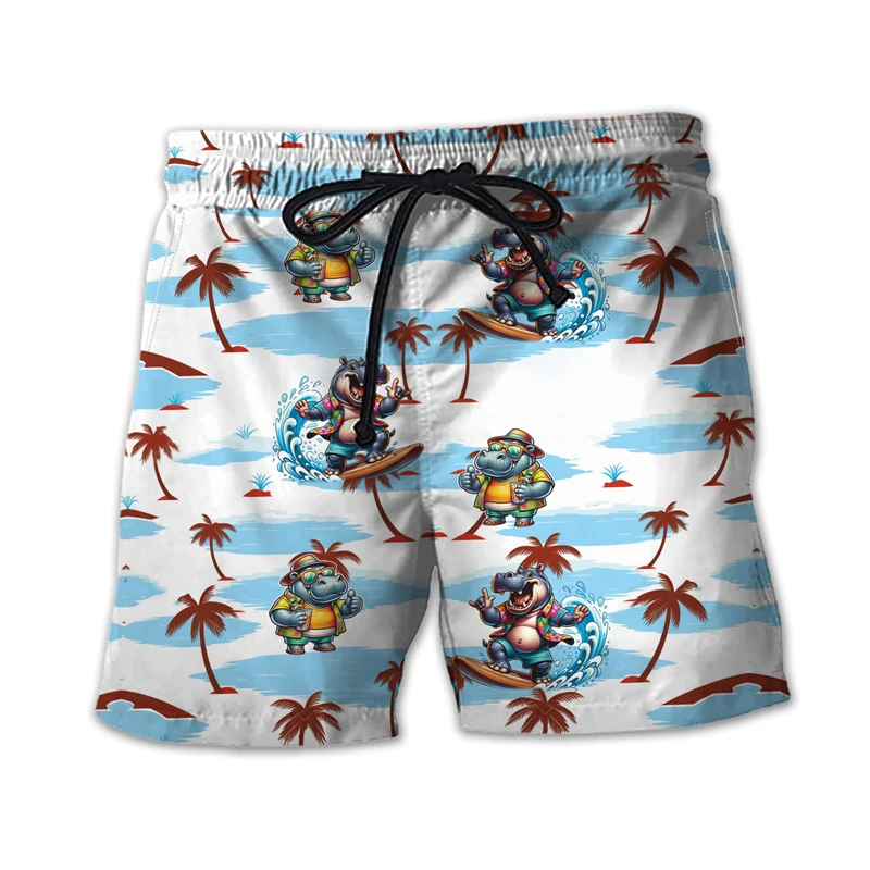 Funny Hippo Graphic Beach Shorts Fashion Summer Vacation 3D Animals Printed Hawaiian Short Pants Loose Holiday Mens Swim Trunks 4