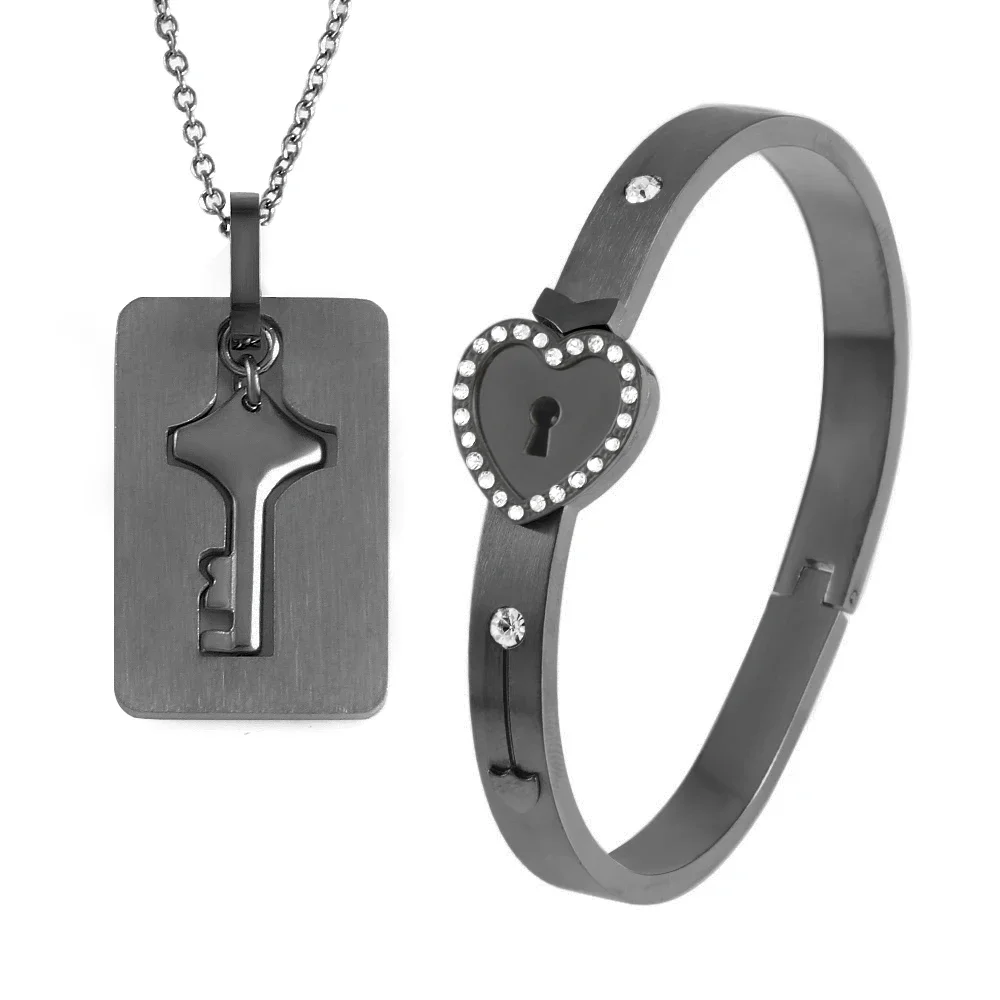 Couple Jewelry Stainless Steel Bracelet Love Heart Lock Bracelets Key Pendant Necklace for Women Men Couples Set Jewelry Gift