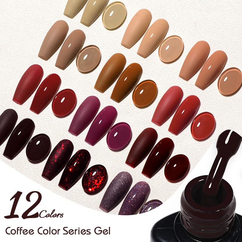 10/12pcs Coffee Brown Gel Nail Polish Set Sparkly Glitter Gel Polish Semi Permanent Soak Off UV Gel Varnish Manicure Kit 4