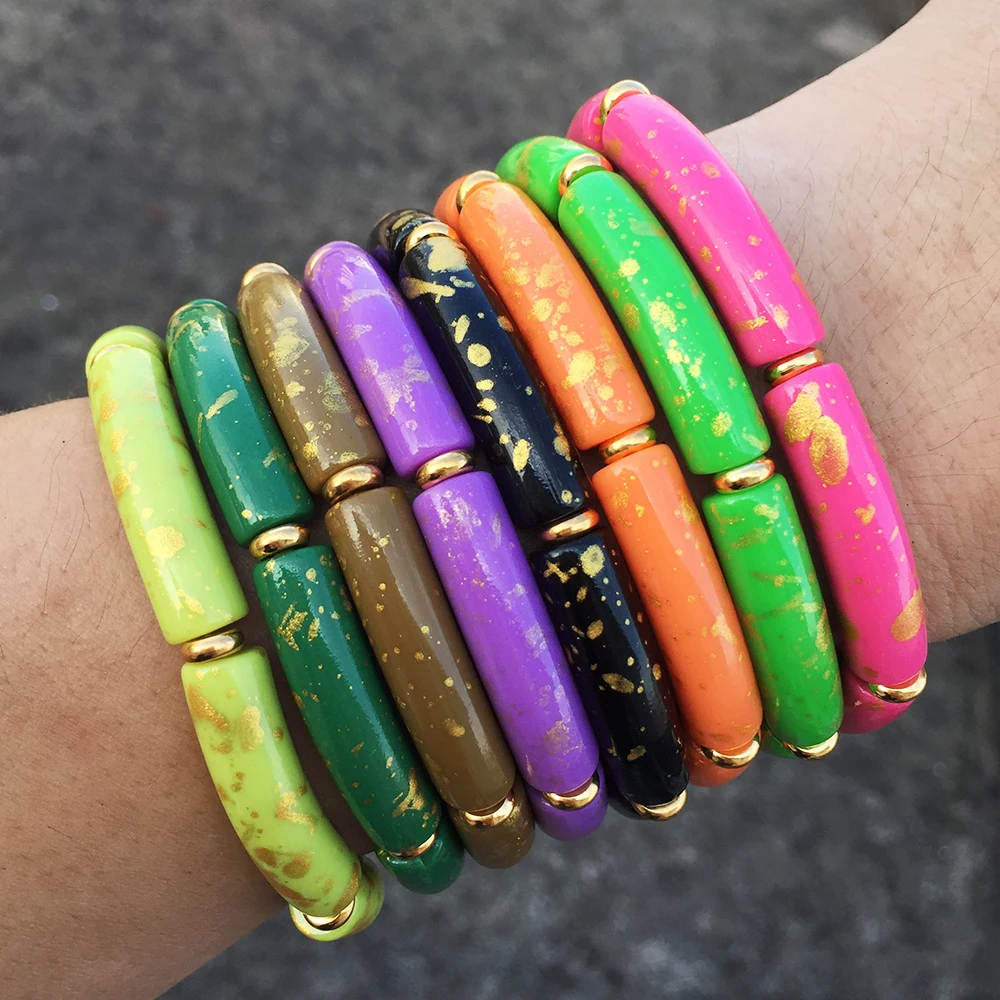 FishSheep Bohemian Colorful Speckled Acrylic Bamboo Bracelet for Women Resin Tube Beads Bracelets Bangles 2022 Fashion