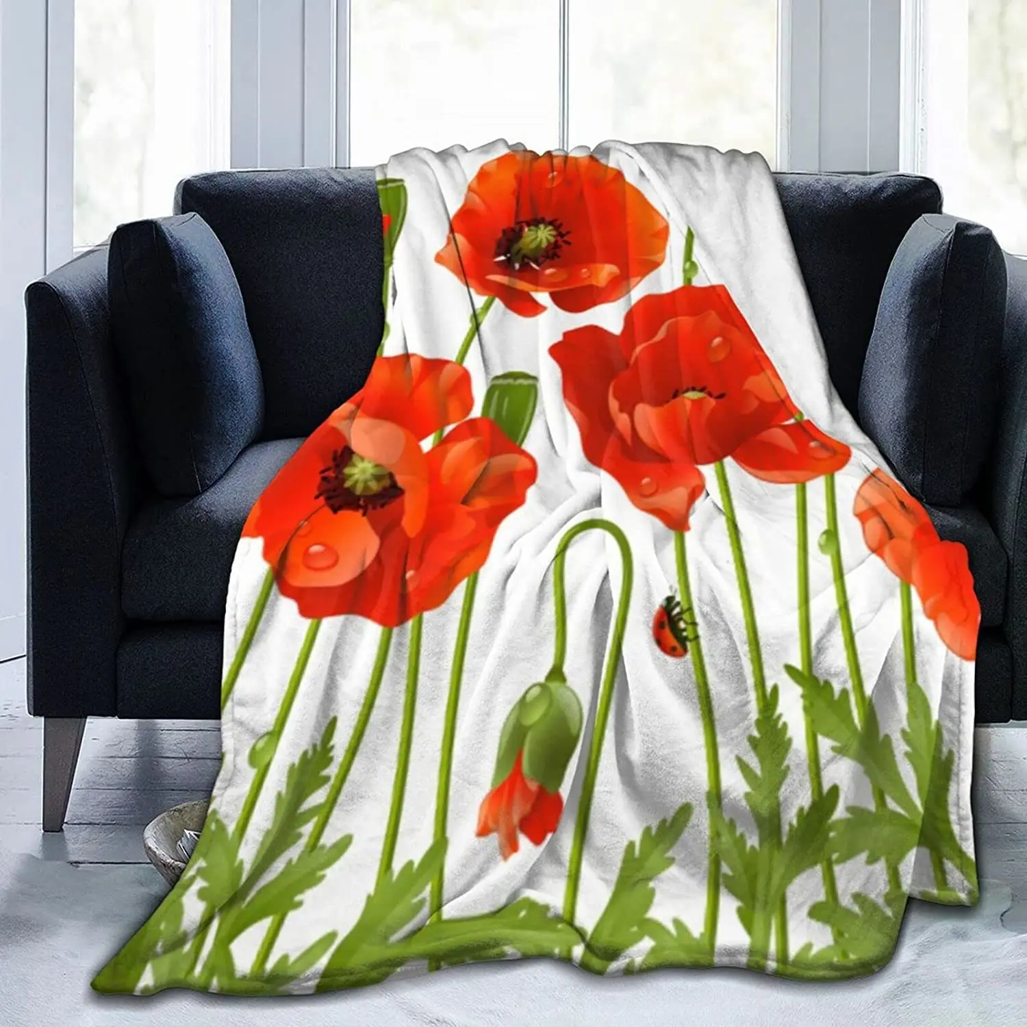 

Flower Poppy Ladybug Leaf Throw Blanket Soft Lightweight Warm Microfiber Blankets for Bed Couch Sofa Blanket Quilt 60"X50"