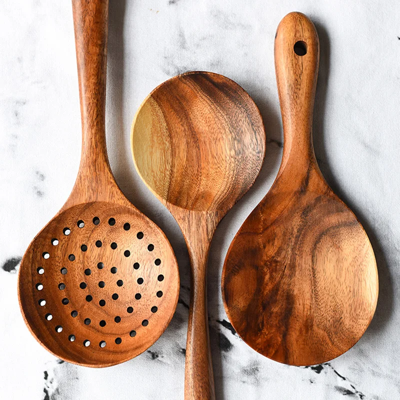 Wooden Kitchen Spoon Teak Wood Cooking Spoon Ladle Soup Rice Scoop Strainer Mixing Serving Wooden Utensils for Kitchen