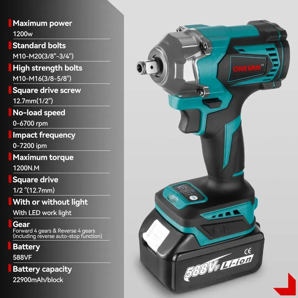 1200N.M Brushless Electric Impact Wrench 1/2Inch Cordless Electric Wrench Socket Screwdriver Power Tools For Makita 18V Battery 6