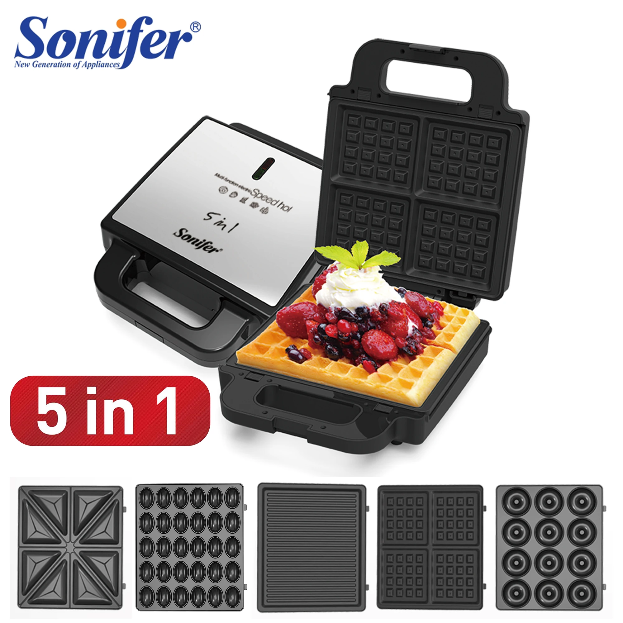 5 in 1 와플 메이커 전기 샌드위치 기계, 요리 가전 빵 기계, 케이크 아침 와플 냄비 베이킹 팬, Sonifer 3