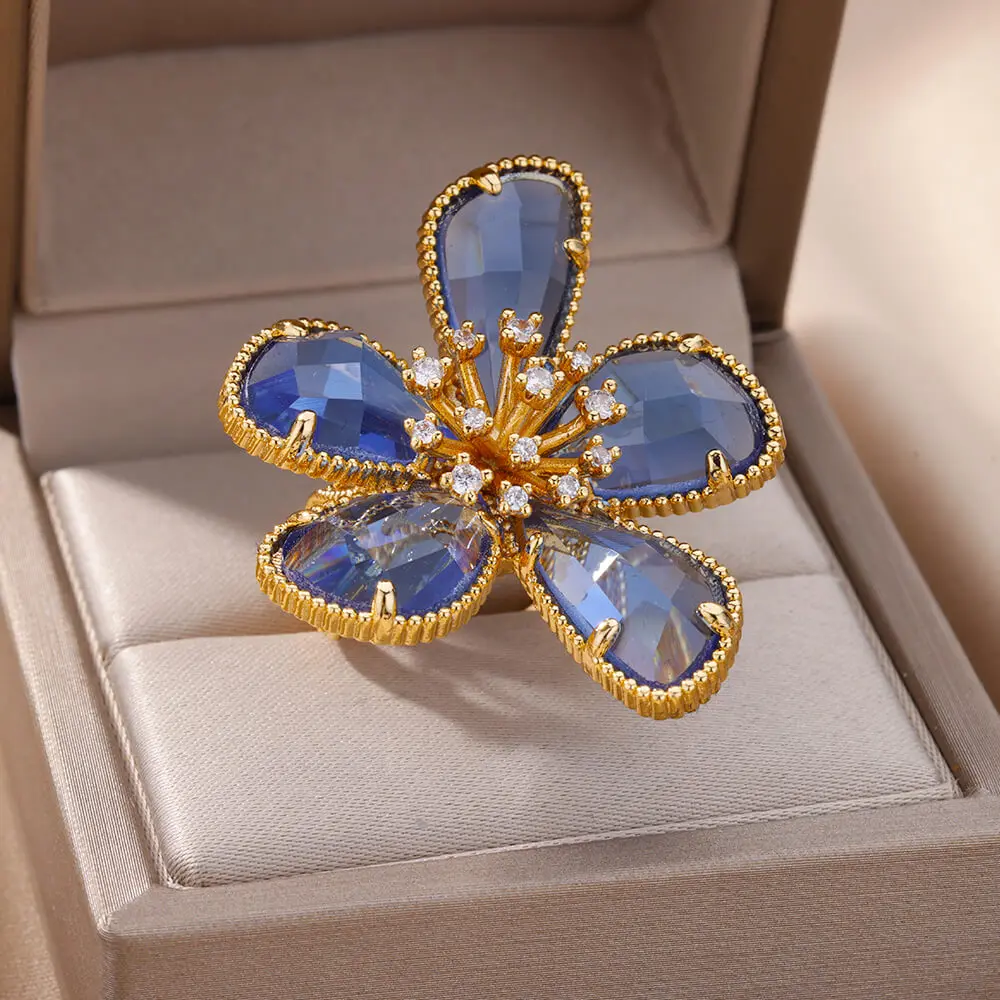 Zircon Flower Rings Women Adjustable Stainless Steel