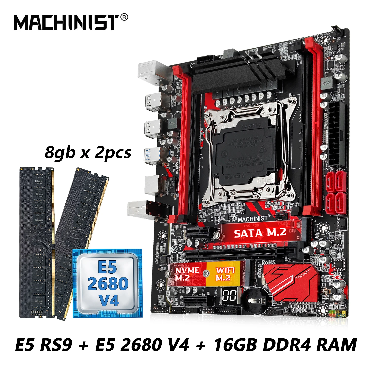 MACHINIST-RS9 X99 Kit Placa-Mãe, Conjunto LGA 2011-3, Xeon E5 2680, CPU V4 + DDR4, Combo de Memória RAM 16GB, NVME M.2, Quatro Canais