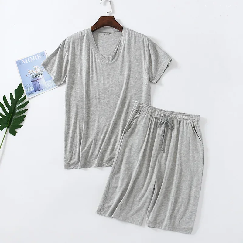 Summer Pijamas for Mens Modal Plus Size 4xl Short Sleeve Shorts Thin V-neck Pullover Tops Loose Mens Shorts Pajamas Set