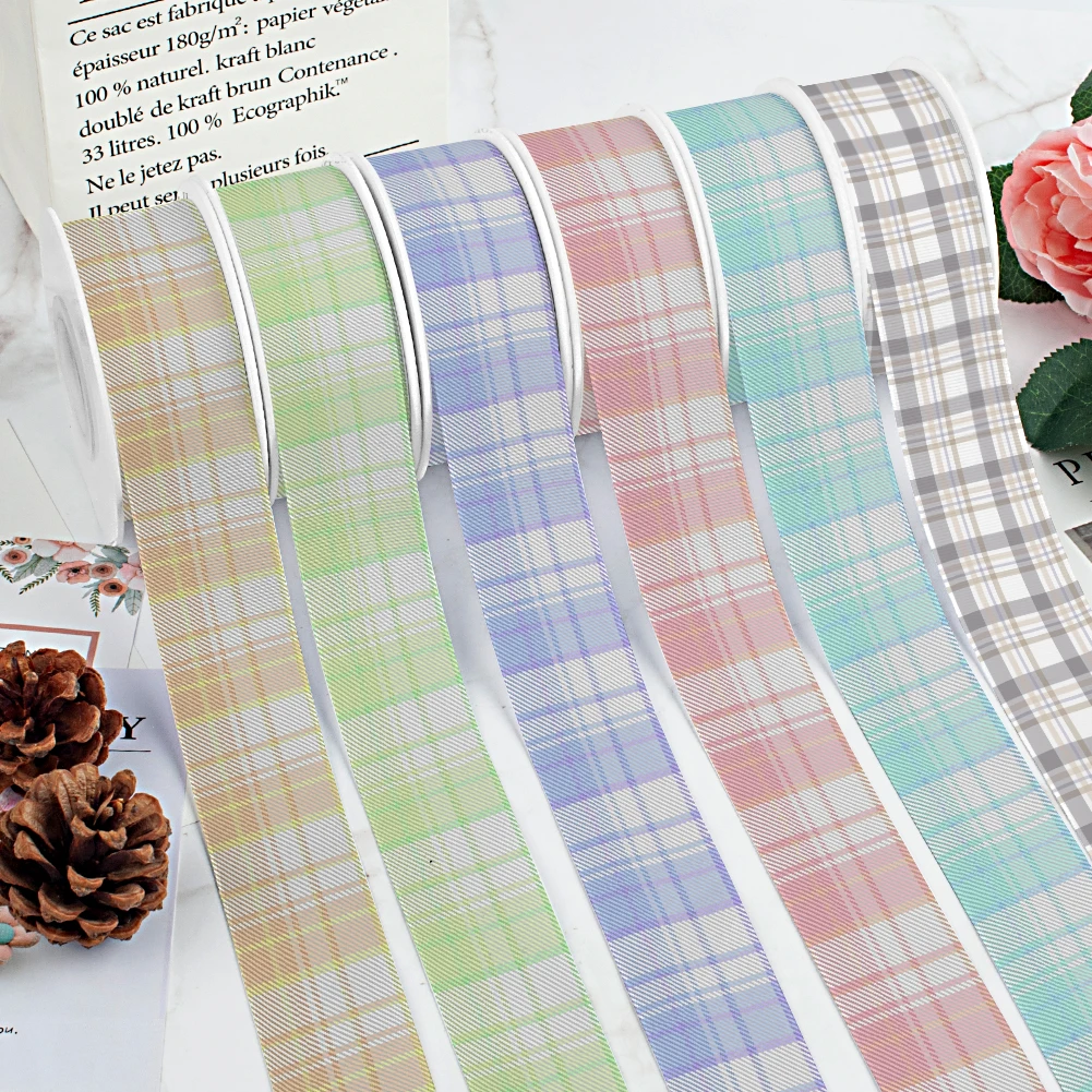 Light Square Grid Pattern Printed Grosgrain Ribbon Cheer Bows DIY Girl Headwear Hair Bows 10yards Satin Ribbon