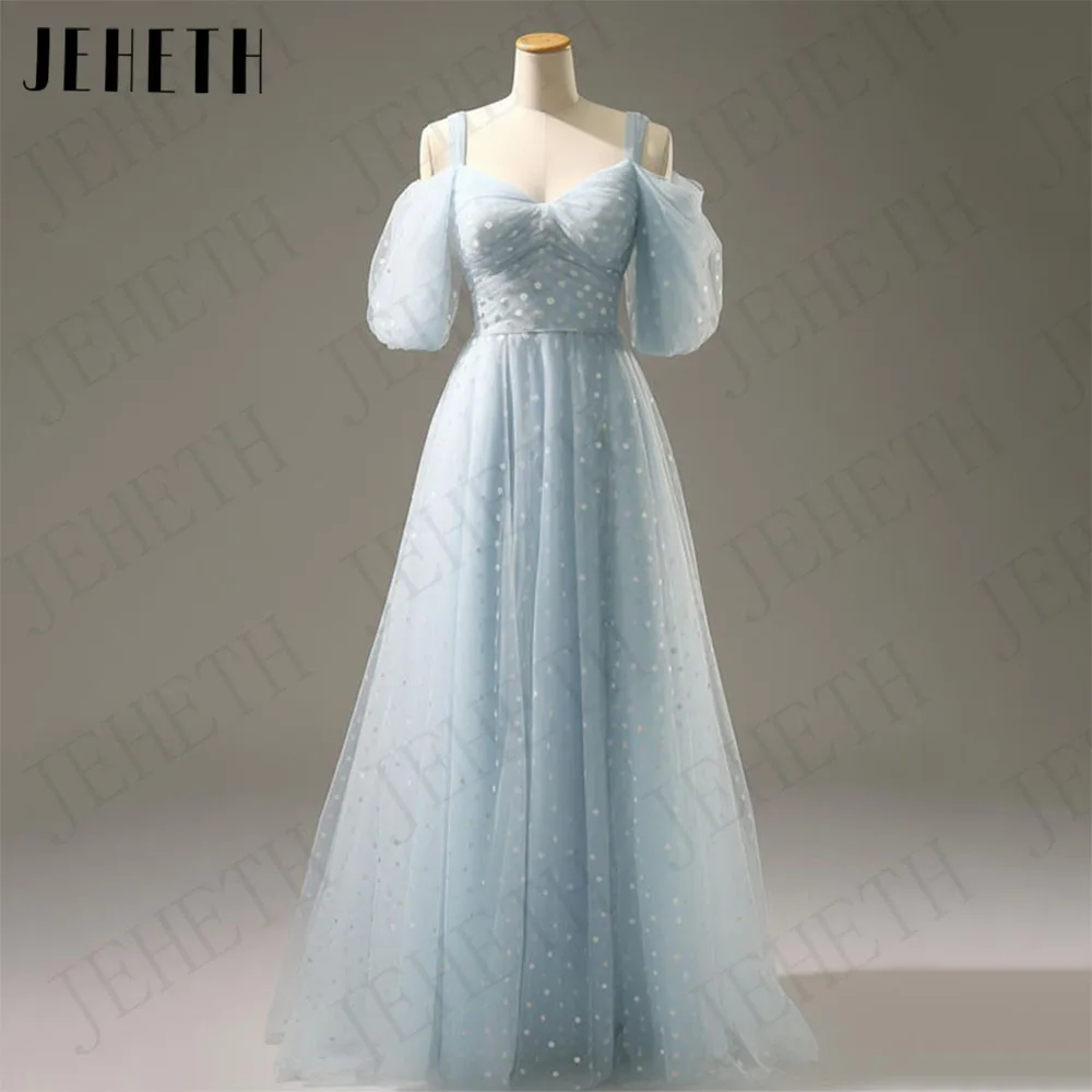 

JEHETH Sky Blue Puff Sleeves Evening Prom Dress Off Shoulder Charming Dots Tulle A Line Party Gowns Princess Vestidos De Gala